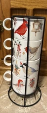 Grace Teaware Set of 4pc Christmas Birds Porcelain Stackable Coffee Mug Stand