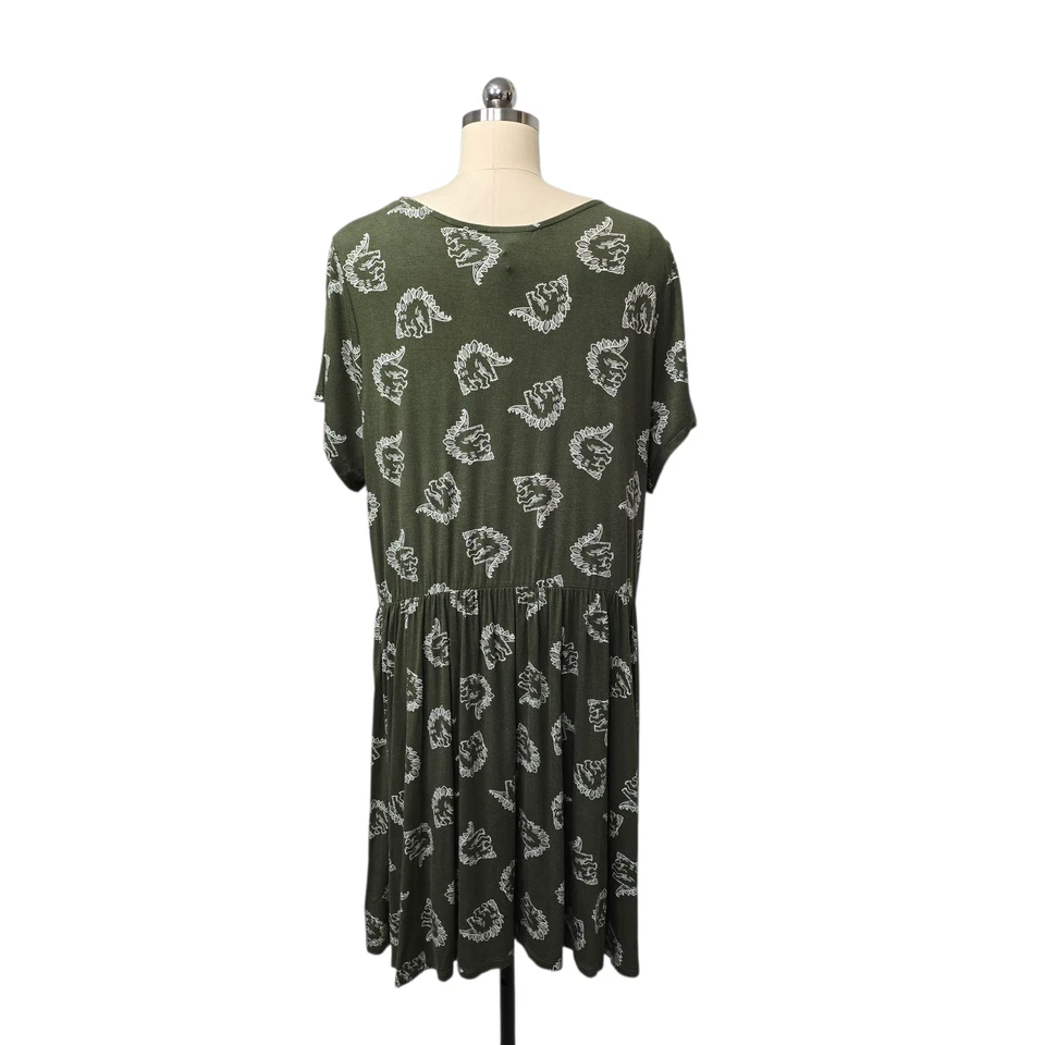 ModCloth Dress Womens 2X Green Dinosaur Print Short Sleeve Scoop Neck Midi Knit - Image 2 of 4