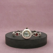 boma sterling silver amethyst topaz garnet round face watch bracelet size 6.25in