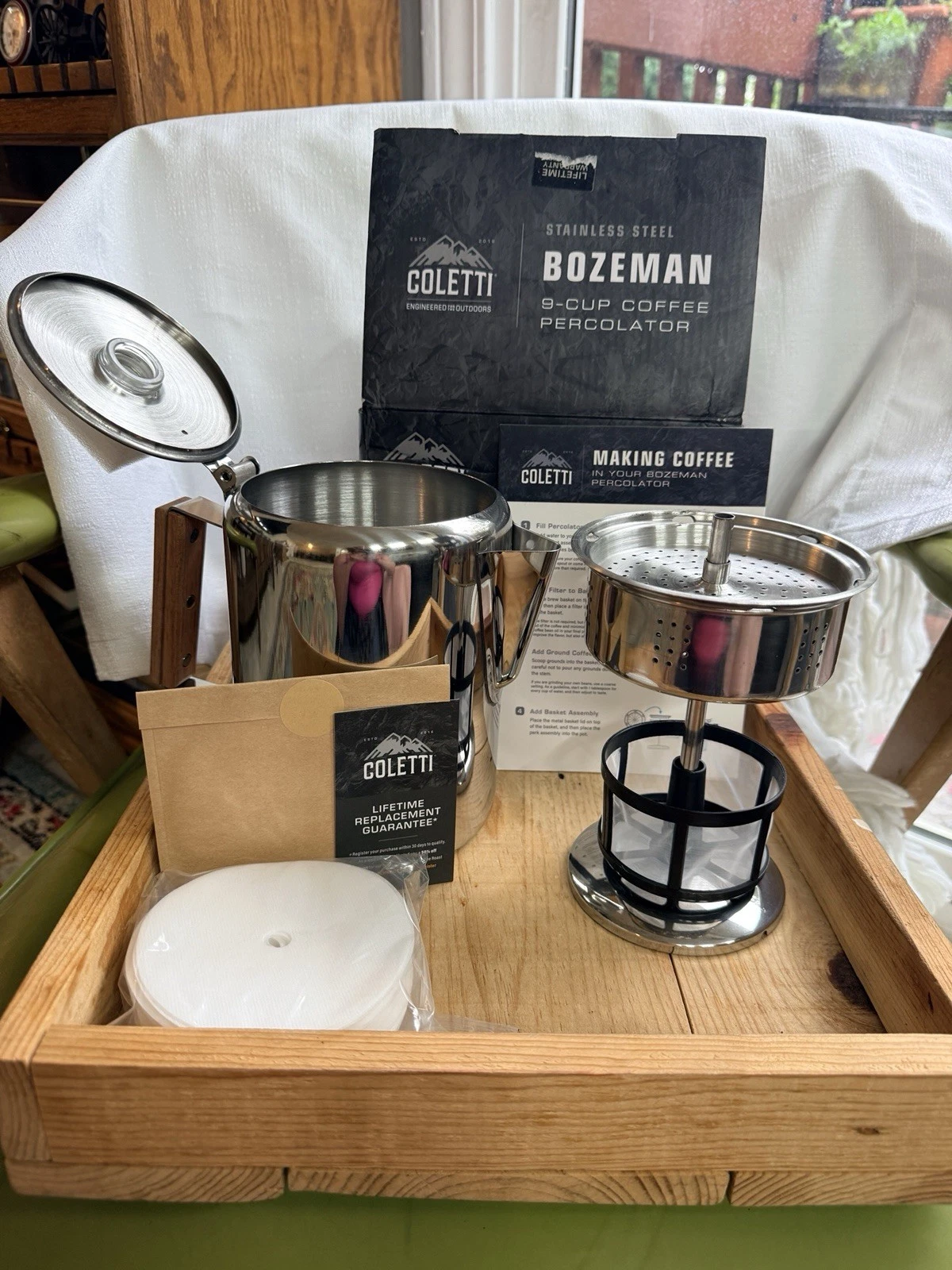 Coletti Bozeman 9 Cup Stainless Steel Coffee Percolator NEW Open Box Complete