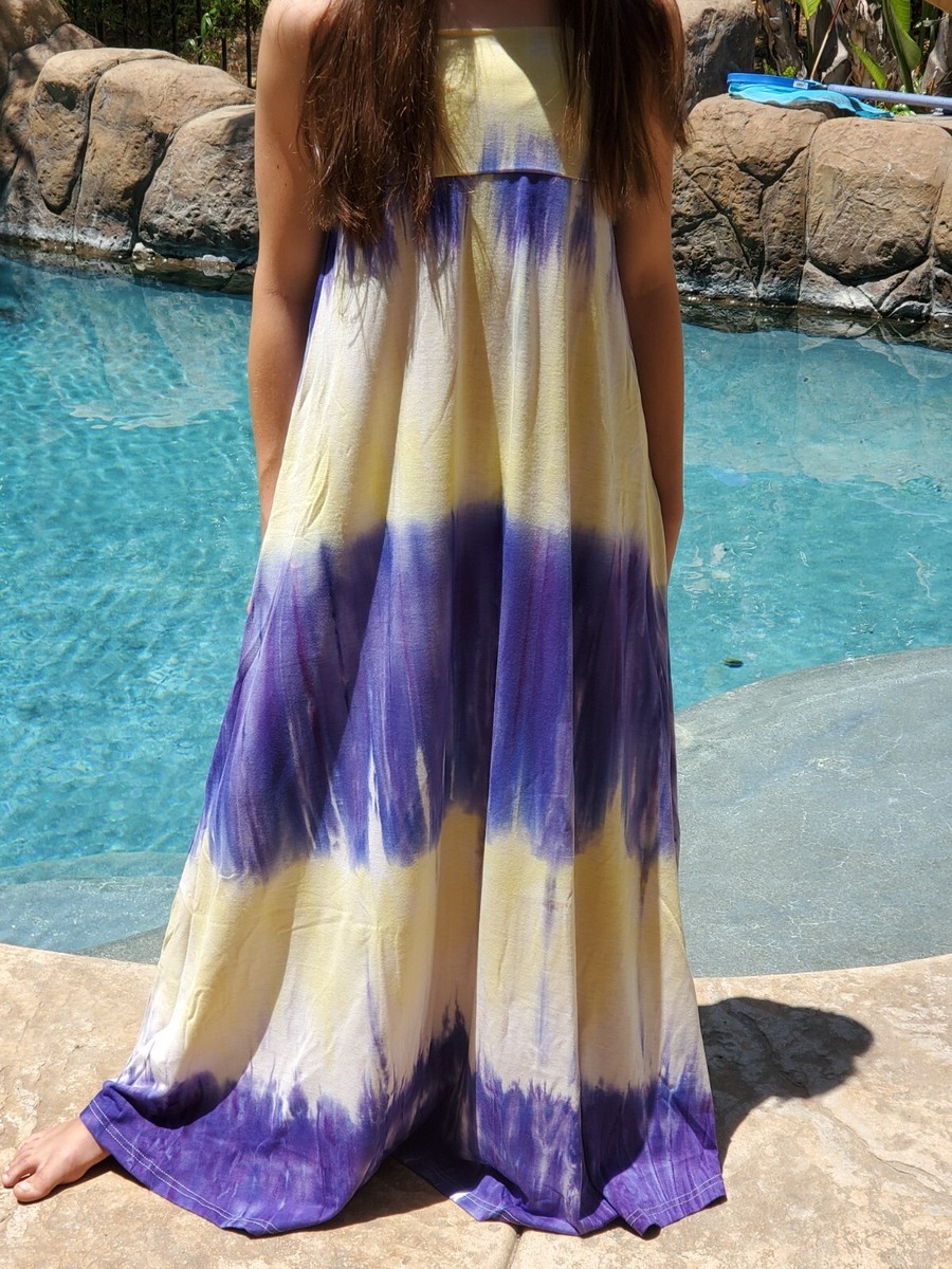 Maya Antonia Soft Tie-Dye Yellow-Purple Strapless Dress, Maxi Skirt,Floor  Length