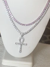Mens 4mm Pink and Clear Solitaire Tennis chain set 18"-24" with ankh cross 