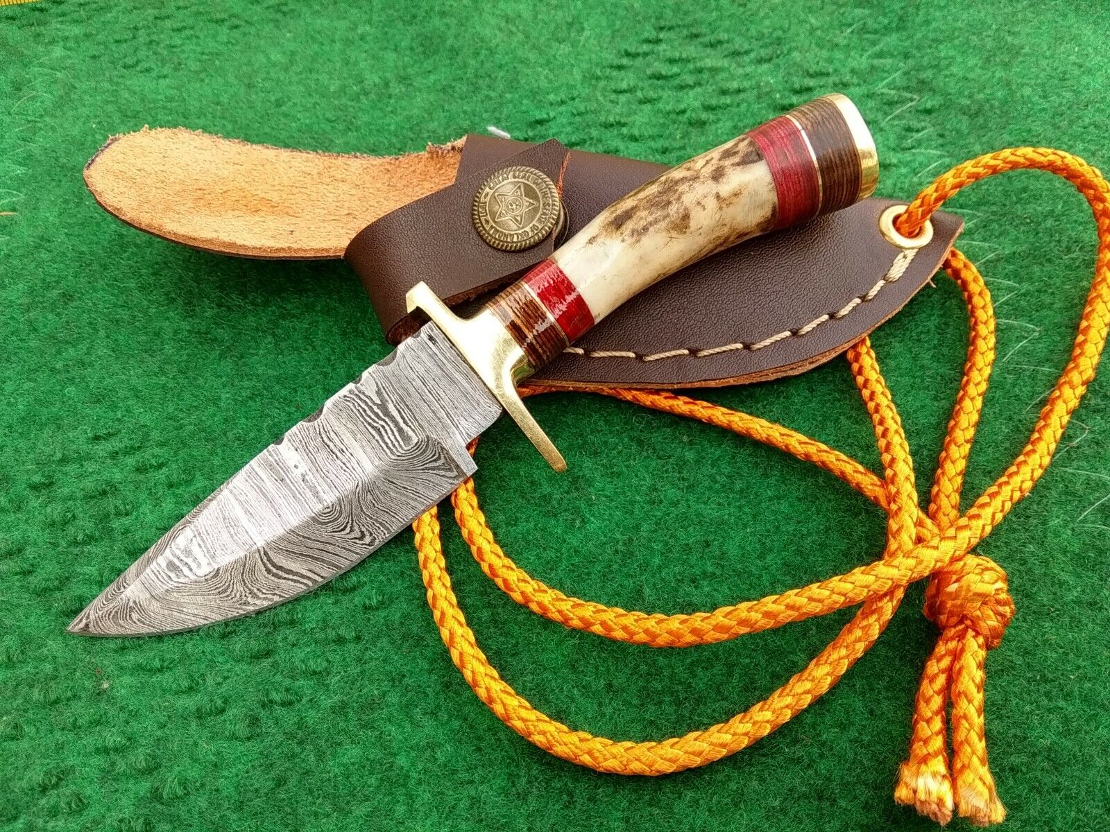 Antler Knife Hand Forged DAMASCUS Steel Hunting Skinner with Leather Sheath