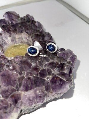 Genuine 6star Ray Sapphire Earrings Mounted On 925 Silver Metal