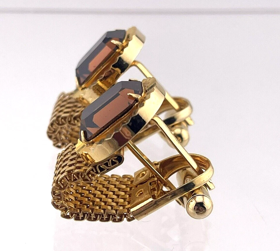 Vintage Brown Topaz Rhinestone Mesh Wrap Cufflink Mens Gold Tone - Image 2 of 4