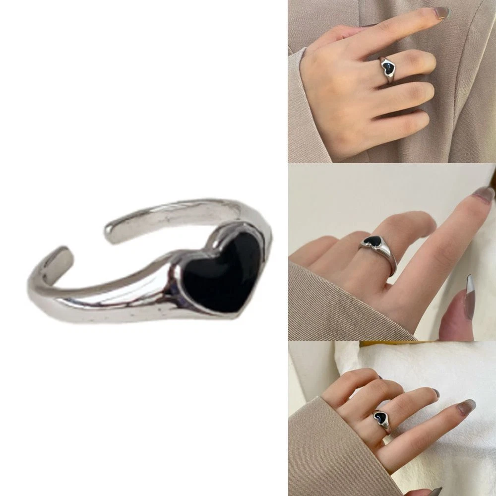 Girl Black Color Heart Ring Opening Design Ring Love Ring Index Finger Rings