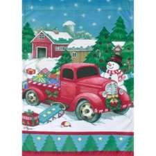 Festive Christmas Scene, Pickup Truck, Snowman, Barn Small Garden 12.5" X 18"