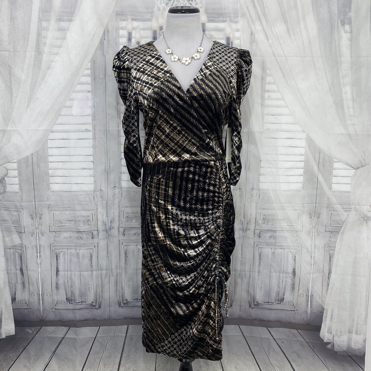 eliza j ruched velvet dress Eliza J Size 10 Black Brown Dress V-Neck Sleeve Ruched Velvet Pencil Formal  B43