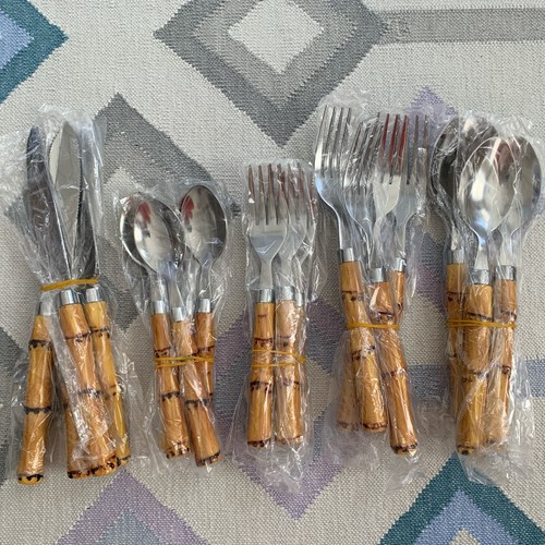 NEW Cambridge 20 pc Faux Bamboo Plastic/Stainless Flatware 5pc place setting x 4