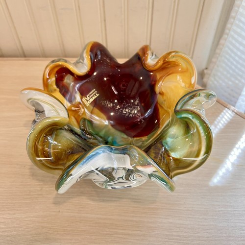 Murano Blown Glass Bowl Signed Vetreria Artistica Oball Italy Ruffled 9” Gold - Picture 4 of 20