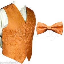 ORANGE Paisley Vest Waistcoat  Bow tie Formal Wedding Prom Tuxedo Suit