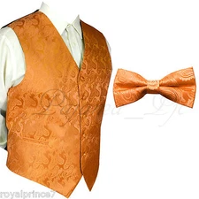 ORANGE Paisley Vest Waistcoat & Bow tie Formal Wedding Prom Tuxedo Suit 
