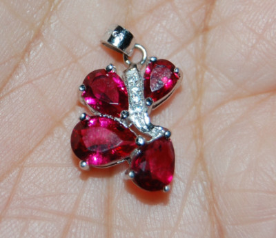 Sterling Silber massiv 925 Anhänger rosa Rubin Zirkonia Edelsteine Blume Schmetterling