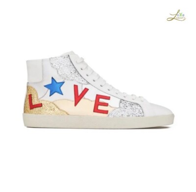 Saint Laurent Love Print High Top Sneaker Leder Glitzer Details Größe EU 42,5