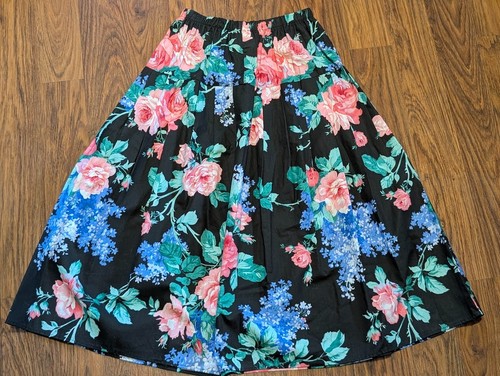 VINTAGE pink rose thorns & blue hydrangea flower skirt 90s midi womens Small 3E - Picture 3 of 9