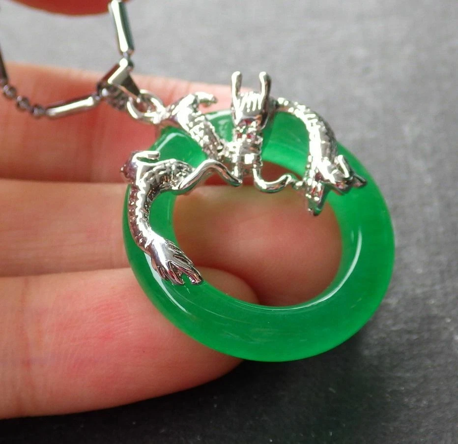 Белое золото пластина китайский зеленый нефрит подвеска круг дракон с цепочкой 101539 - Изображение 3 из 4