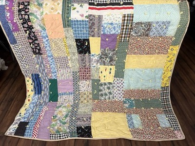 VTG Hand-Made Patchwork Quilt Yarn Tied 64x80 Farmhouse Chickens Cottagecore