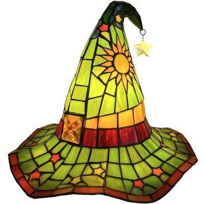 L13011 Tiffany Style Stained Glass Wizard Hat Table Lamp with Hanging Star, H...