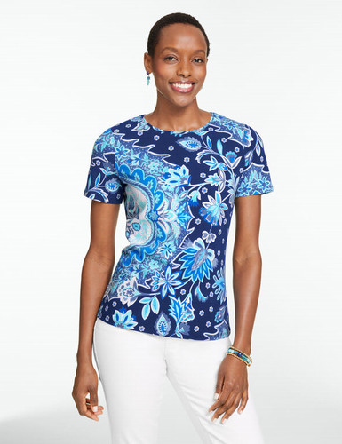 Talbots Short Sleeve Crewneck Tee - Medallion Garden, INDIA INK MULTI (NEW WT)