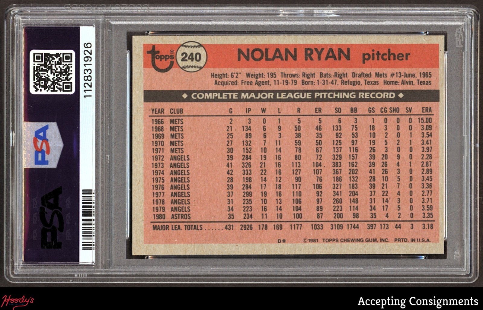 1981 Topps #240 Nolan Ryan ASTROS HOF PSA 7 NM NEAR MINT view 2