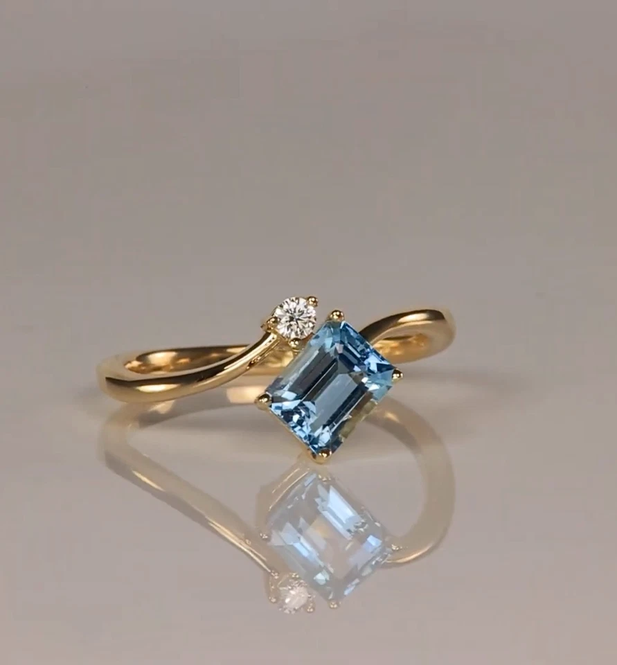 10x8 MM Brasilianischer Sky Blau Aquamarin Jubiläum Ring Smaragd Schnitt, Braut - Bild 2 von 4