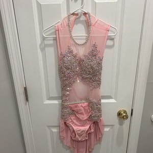 Pink Rhinestone custom made adult m Dance costume with Sheer Panels