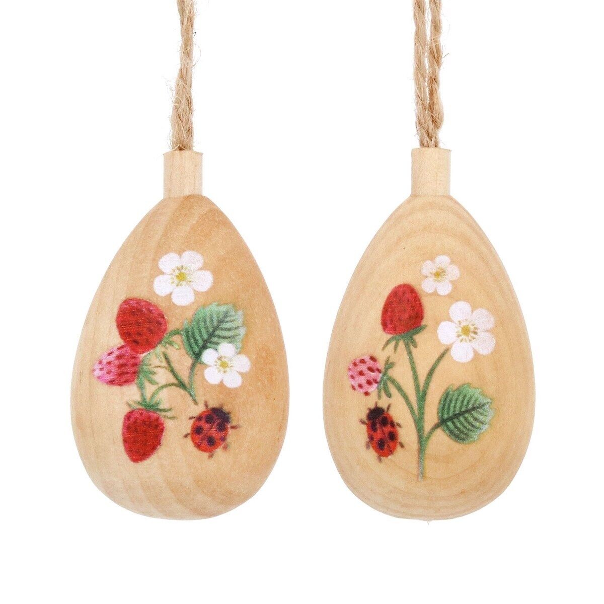 Gisela Graham Two Wooden Strawberry Design Easter Egg Decorations with Twine