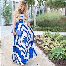 Eliza J Scarf Print Crepe De Chine Blue Polka Dot Maxi Dress Size 4