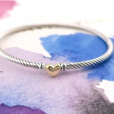 David Yurman Cable 3mm Sterling Silver 18k Gold Heart Station Bracelet