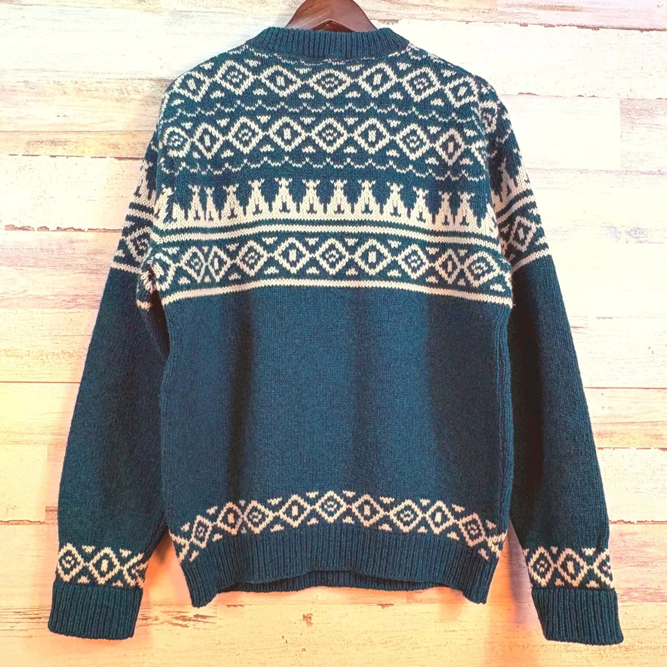 L.L.Bean Mens VTG Fair Isle Wool Sweater Size L Teal Green White Pullover Nordic - Image 3 of 4