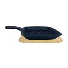 Gusseisenkuss Gusseisenpfanne mit Griff und Holzuntersetzer 14x14 cm Gusspfanne