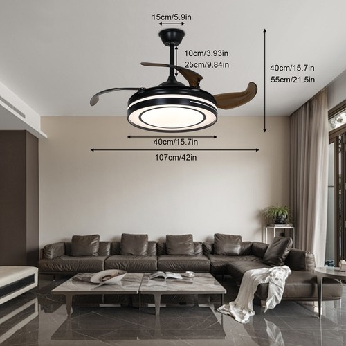 42 In Black Modern Ceiling Fan Retractable Fandelier Ceiling Fan w/ Light Remote - Picture 3 of 20