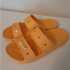 CROCS Iconic Ladies Orange Two Strap Comfort Slides Sandals Jibbitz size 9 EUC