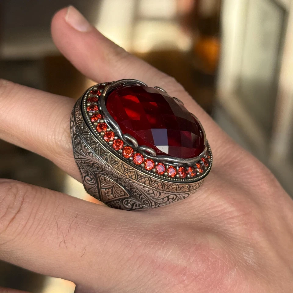 925 Sterling Silver Large Ruby Stone Ring, Ottoman Style Red Gemstone Men Ring - Image 2 of 4