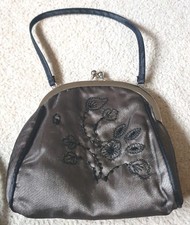 Vintage style Bronze satin black chiffon overlay beaded purse, metal framed bag