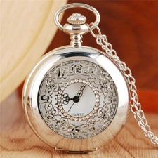 Silver Hollow Flower Case Women Lady Quartz Pocket Watch Necklace Sweater Chain