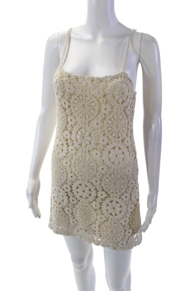 MNG Womens Crochet Cotton Scoop Neck Sleeveless Lined Mini Dress Beige Size 2 - Image 2 of 4
