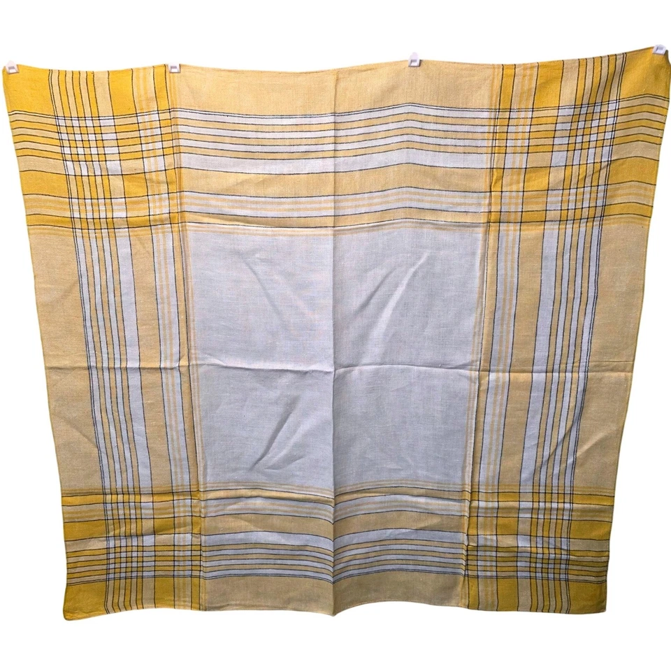 Vtg Plaid Stripe Tablecloth Napkin Set Linen Yellw White Blck Farmhouse Cottage - Image 2 of 4