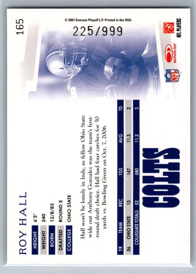 2007 Donruss Threads #165 Roy Hall Rookie #/999 Indianapolis Colts F27 - Image 2 of 2