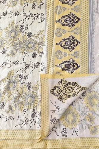 Tela de saris blanca reciclada estampada india vintage de seda crepé pura 5 yardas - Imagen 3 de 4