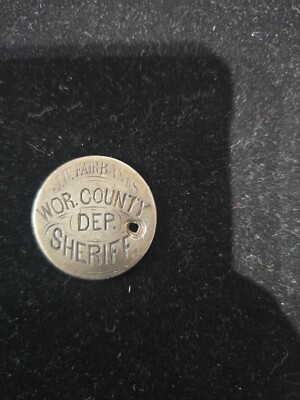 1860s REAL SHERIFF'S BADGE SEATED LIBERTY HALF DOLLAR WOR. COUNTY  J.W FAIRBANKS