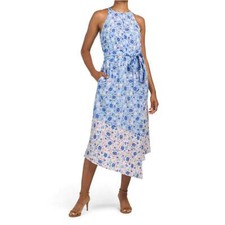 New! Vince Camuto Mixed Floral Print Halter Neck Asymmetric Midi Dress   8,10