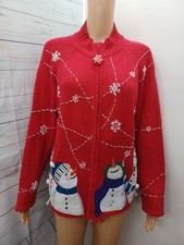 Vtg Christmas Sweater Women Cardigan Heirloom Collectibles Snowman Red M Beaded