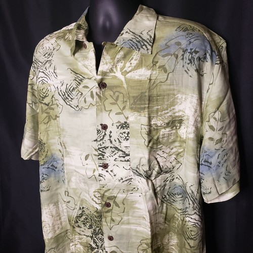 Mens Large Button Up Shirt Caribbean Joe Green Beige Hawaiian Camp Short Sleeve - Picture 3 of 8