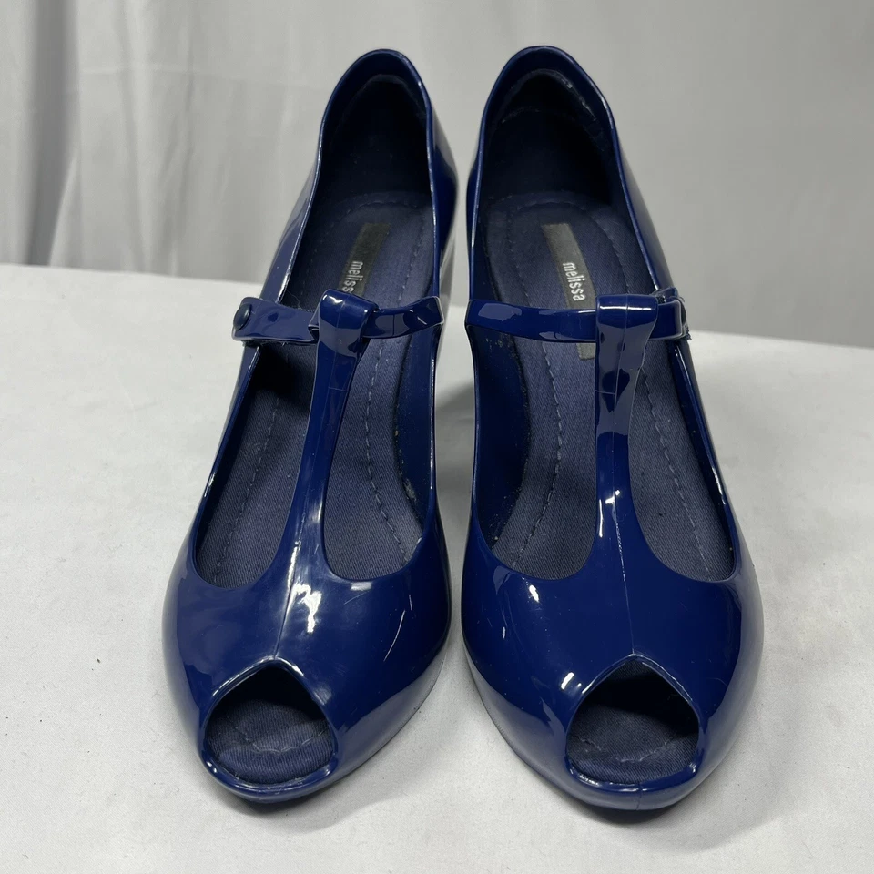 Melissa T-Strap Peep Toe Jelly Plataforma Cuñas Azul Talla 8 Años 70 80 Y2K Funky Retro Foto 2 de 4