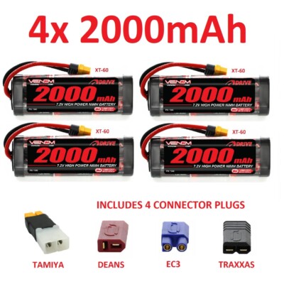 RC Auto Akku 4x 7,2V 2000mAh NiMH Rechargeable Packs Tamiya, Deans, XT60 Stecker