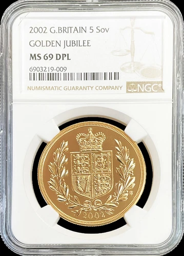 2002 GOLD GREAT BRITAIN 5 POUND COIN NGC MS 69 DPL GOLDEN JUBILEE 1,500 MINTED