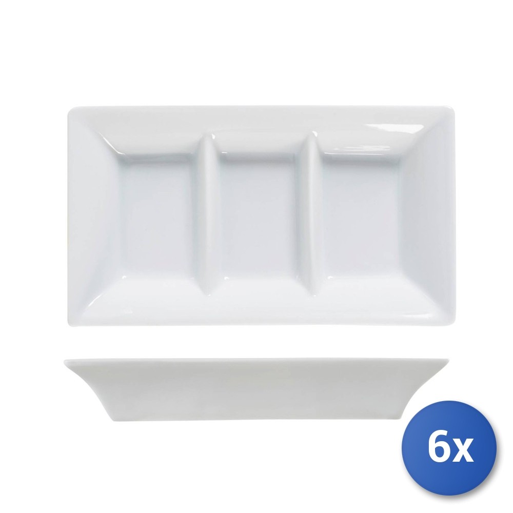 6x White Porcelain Appetizer Plates 3 Seats Rectangular 8.5x15-429 H&H