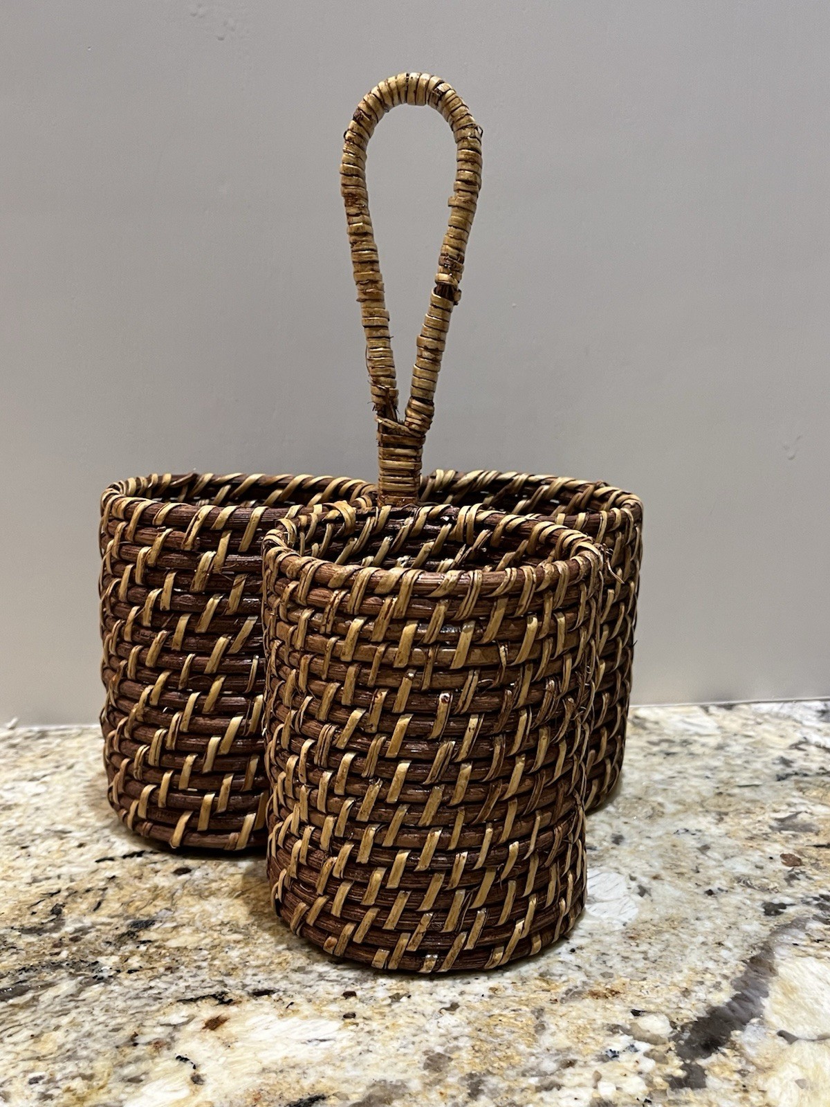 Vintage 3 Slot Rattan Woven Utensil Caddy  Natural