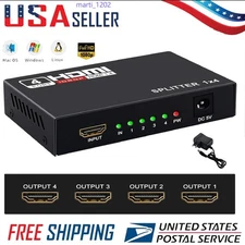 HD 4K 4 Port HDMI Splitter 1x4 Repeater Amplifier 1080P 3D Hub 1 In 4 Out USA
